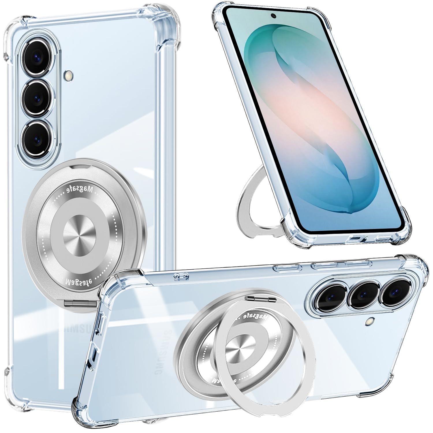ZHIYIJIA Samsung Galaxy S26 用 ケース クリア 360度回転スタンド マグネット搭載 耐衝撃 ギャラクシー S26 カバー リング付き TPU スマホケース 透明 多機能 全面保護 落下防止（クリア）
