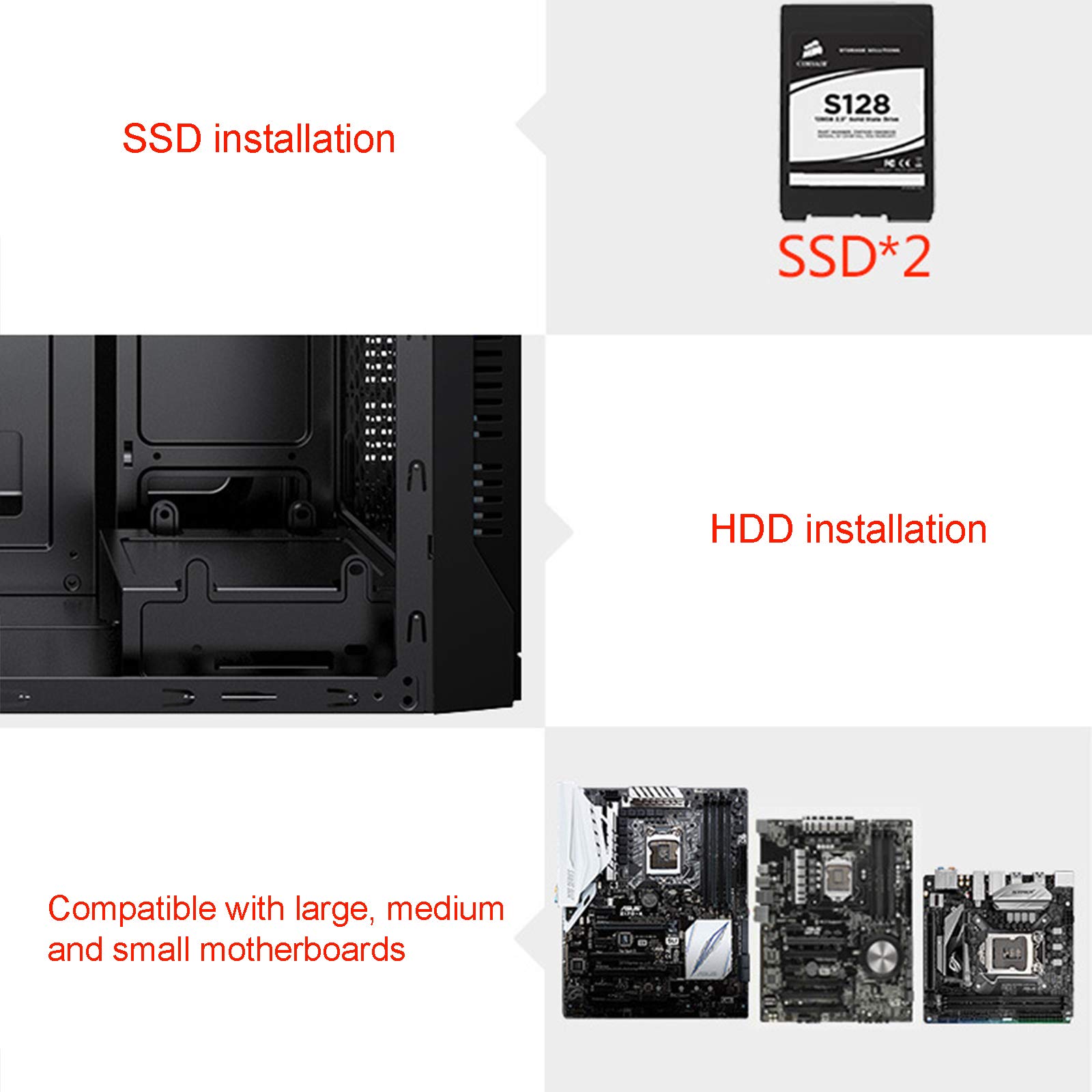 Caso PC Gaming - USB3.0 Port - Vetro temperato Laterale Pannello di Gestione Cavi - Taci Raffreddamento ad Acqua Ready - Integrato RGB - Nero