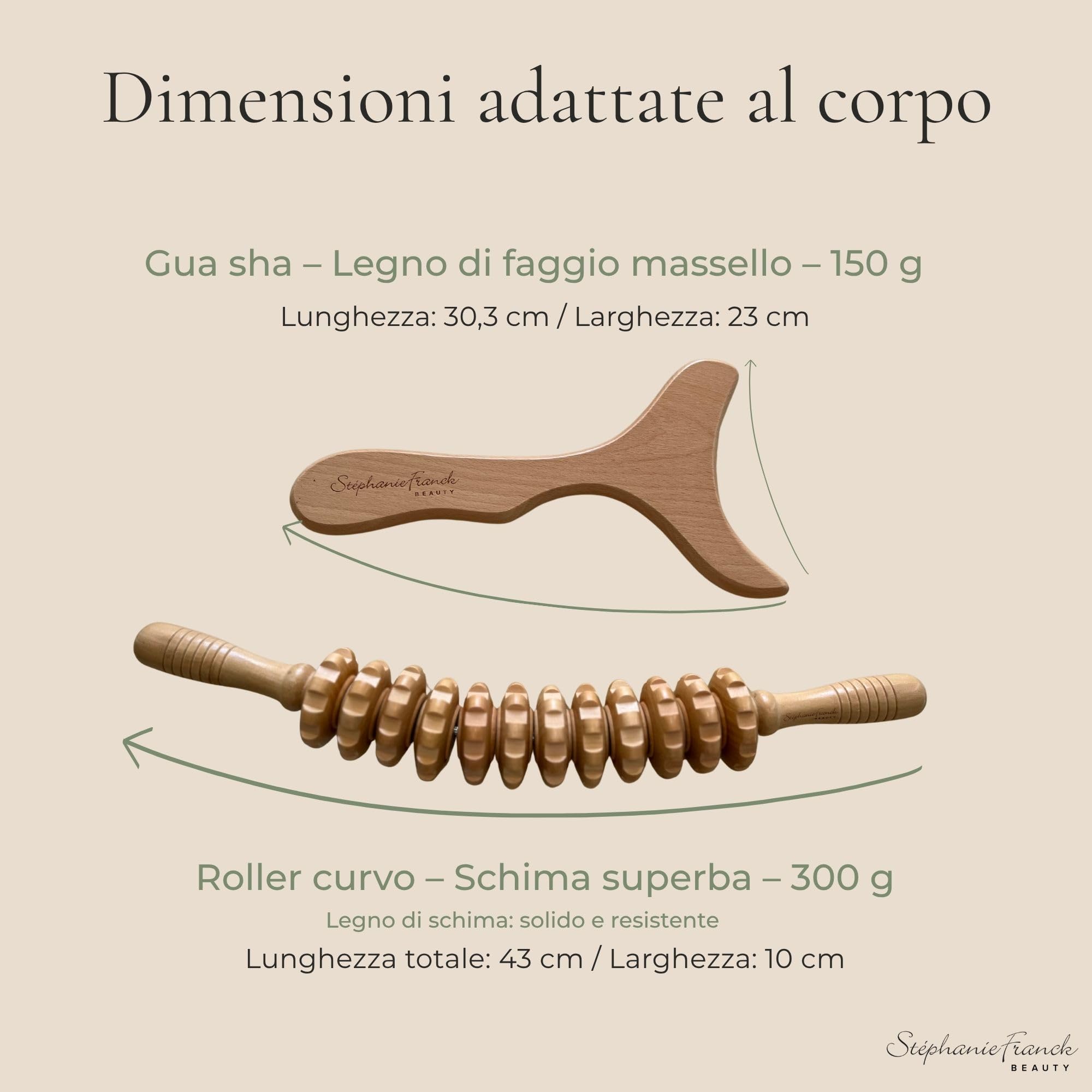 Set in Legno per Maderoterapia Corpo con Rullo Curvo e Gua Sha, Massaggio Anticellulite per Gambe, Glutei, Addome, Braccia e Schiena