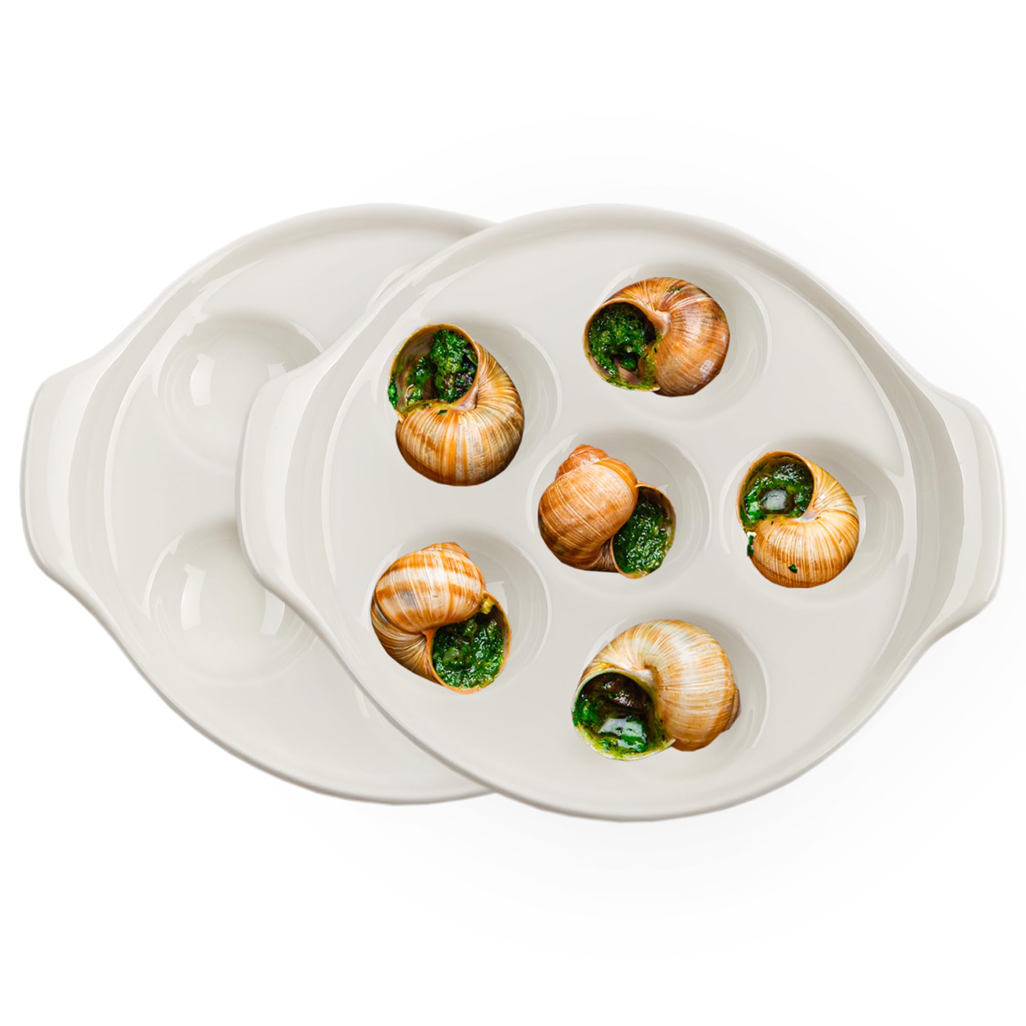 Cornucopia Brands White Ceramic Escargot Plates (2-Pack), 6.5-Inch Footed Dishes, Oven Safe