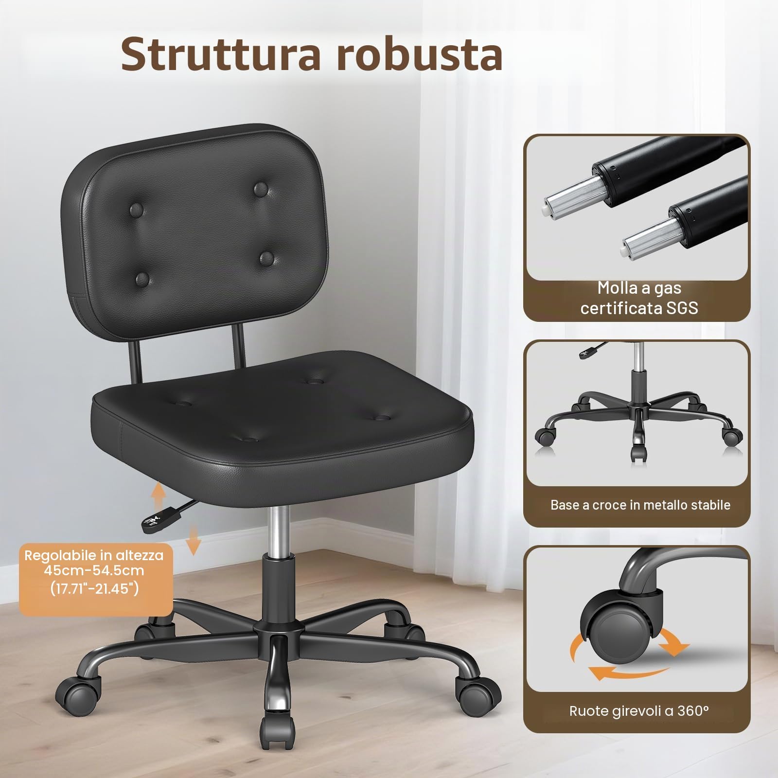AnyGod Sedia Da Scrivania Senza Braccioli per Ufficio Domestico, Sedile Girevole Compatto con Altezza Regolabile e Ruote, Sedia Ergonomica A Schienale Basso in Pelle PU Nera