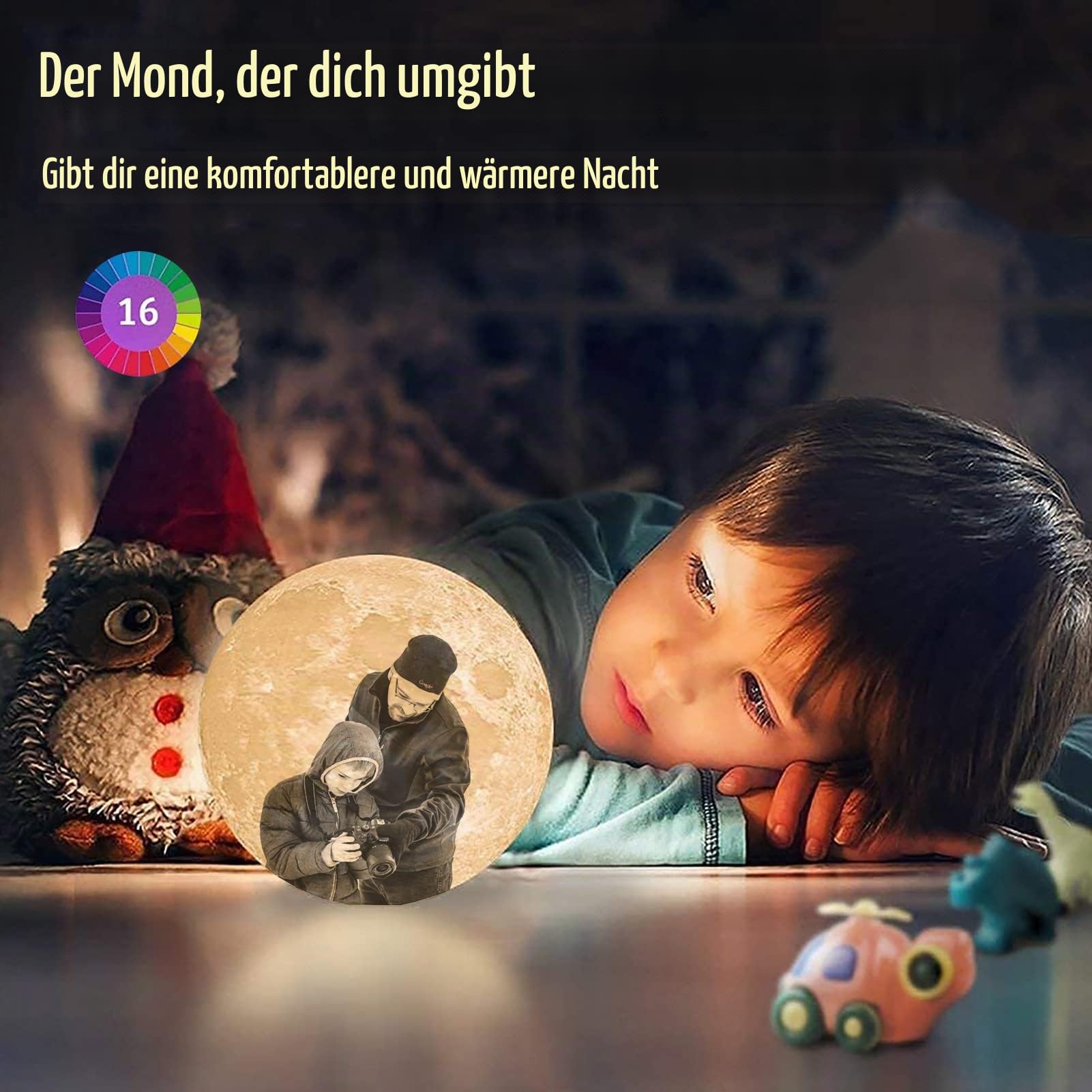 Personalisiertes Mondlampe, Benutzerdefiniertes Mondlicht mit Foto und Text, 16 RGB-Farben 3D-Mondlampe Personalisierter Ständer, Mondnachtlicht für Kinder, Erntedankfest, Weihnachten - 20CM