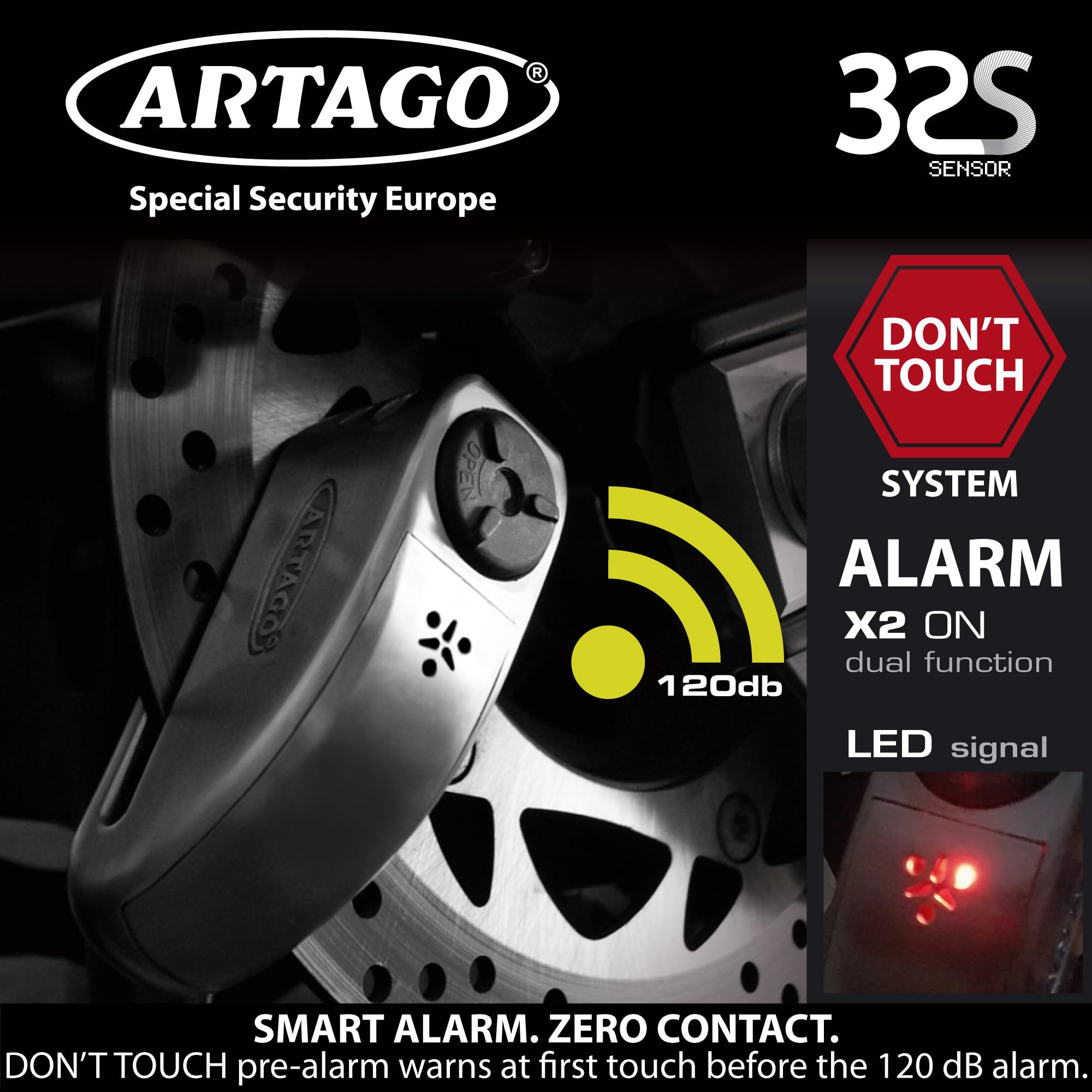 ARTAGO 32 Antivol Moto Haut de Gamme, Meilleur Bloque Disque Avec/Sans Alarme Don't Touch 120dB +LED, Homologué SRA & Sold Secure Gold, Blindage Anti-Perçage 5mm, Exclusif Triple Verrouillage 15.5mm