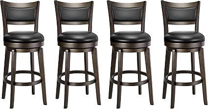 PrimeZone Swivel Bar Stools Set of 4, 26 Inch Counter Height Barstools, Black Faux Leather Bar Stool with High Backrest & Solid Wood Legs & Wrap-around Footrest, Counter Stools for Kitchen Island, Pub