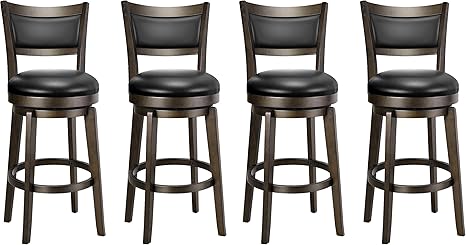 PrimeZone Swivel Bar Stools Set of 4, 26 Inch Counter Height Barstools, Black Faux Leather Bar Stool with High Backrest & Solid Wood Legs & Wrap-around Footrest, Counter Stools for Kitchen Island, Pub