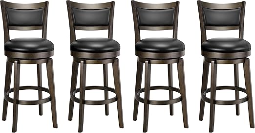 PrimeZone Swivel Bar Stools Set of 4, 26 Inch Counter Height Barstools, Black Faux Leather Bar Stool with High Backrest & Solid Wood Legs & Wrap-around Footrest, Counter Stools for Kitchen Island, Pub
