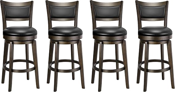 PrimeZone Swivel Bar Stools Set of 4, 26 Inch Counter Height Barstools, Black Faux Leather Bar Stool with High Backrest & Solid Wood Legs & Wrap-around Footrest, Counter Stools for Kitchen Island, Pub