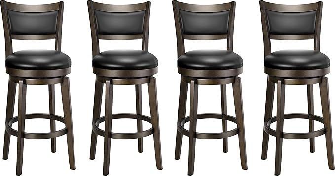 PrimeZone Swivel Bar Stools Set of 4, 26 Inch Counter Height Barstools, Black Faux Leather Bar Stool with High Backrest & Solid Wood Legs & Wrap-around Footrest, Counter Stools for Kitchen Island, Pub