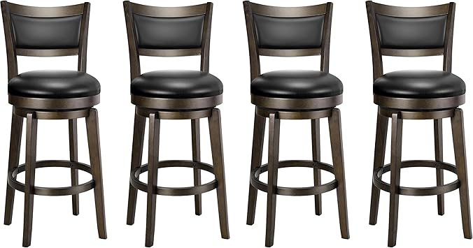 PrimeZone Swivel Bar Stools Set of 4, 26 Inch Counter Height Barstools, Black Faux Leather Bar Stool with High Backrest & Solid Wood Legs & Wrap-around Footrest, Counter Stools for Kitchen Island, Pub