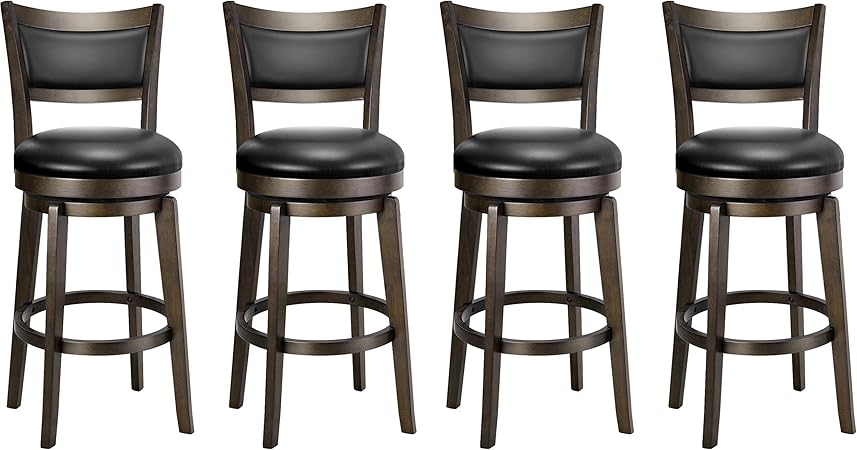 PrimeZone Swivel Bar Stools Set of 4, 26 Inch Counter Height Barstools, Black Faux Leather Bar Stool with High Backrest & Solid Wood Legs & Wrap-around Footrest, Counter Stools for Kitchen Island, Pub