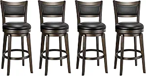 PrimeZone Swivel Bar Stools Set of 4, 26 Inch Counter Height Barstools, Black Faux Leather Bar Stool with High Backrest & Solid Wood Legs & Wrap-around Footrest, Counter Stools for Kitchen Island, Pub