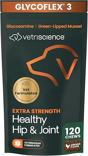 VETRISCIENCE Glycoflex 3 Clinically Proven Hip And Joint Supplement With Glucosamine For Dogs, 120 Chews – Vet Recommended Mobility Support Supplement With DMG, MSM, And Perna