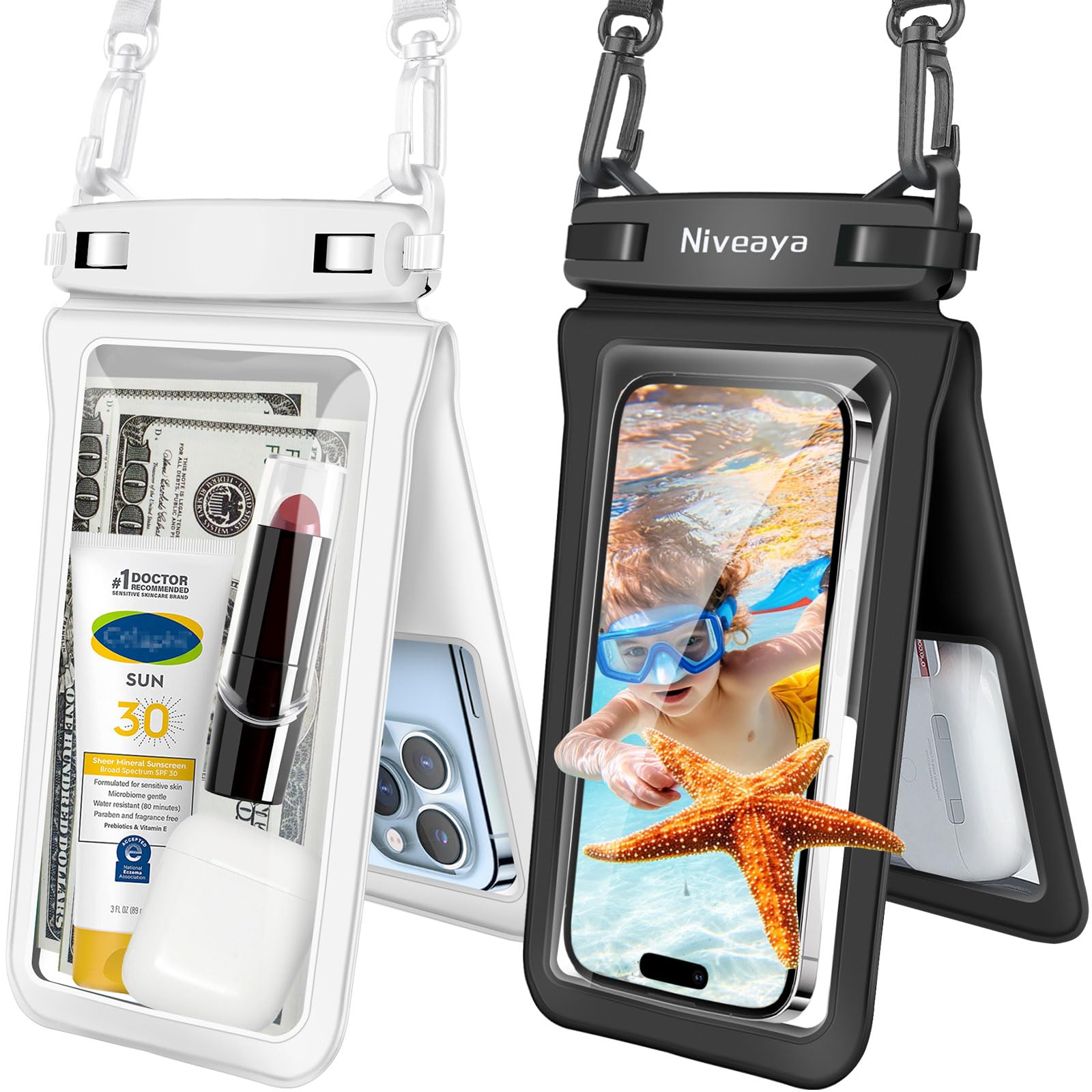 Niveaya Double Space Waterproof Phone Pouch - 2 Pack, Waterproof Phone Lanyard Case with iPhone 17/16/15/14/13 Pro Max up to 8.3", Phone Dry Bags for