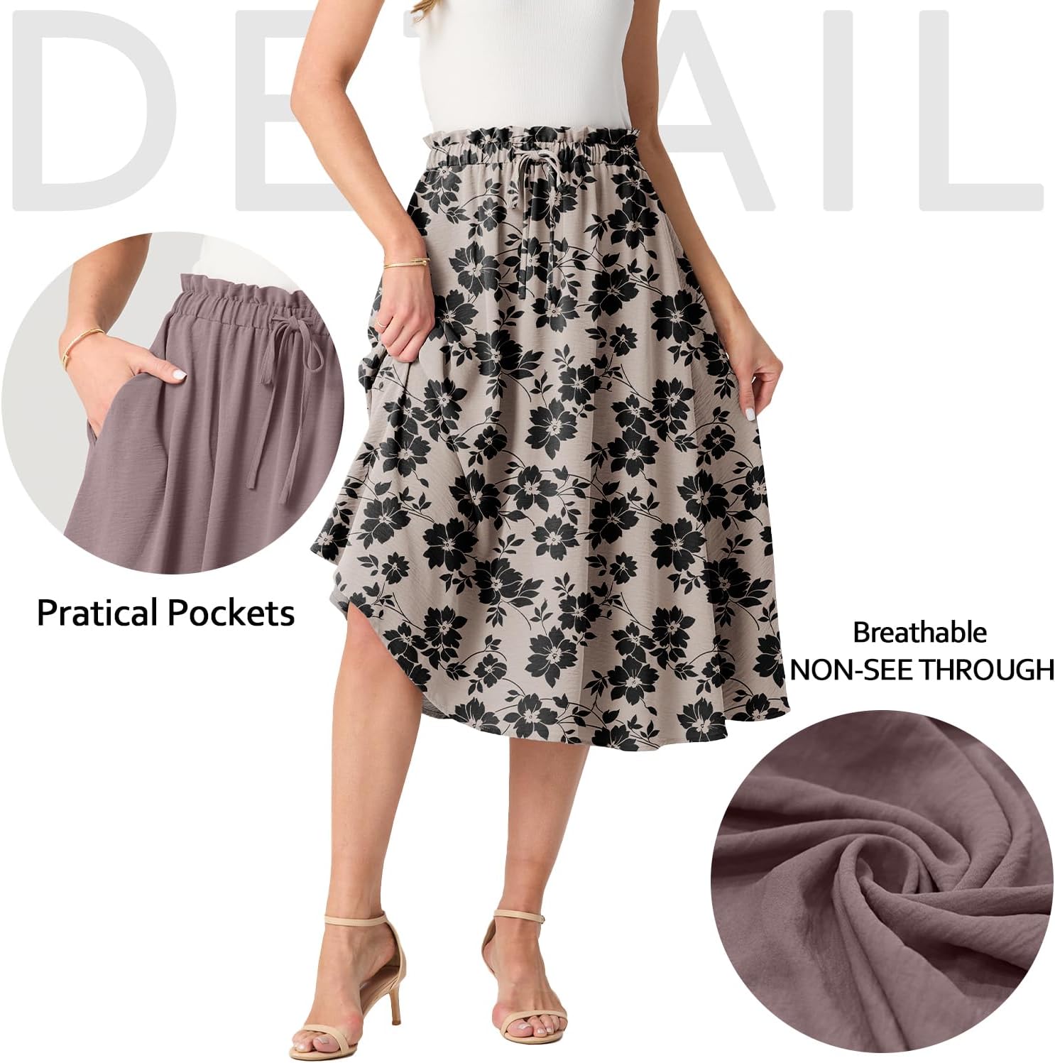 High Waist Skirts for Women Below Knee Casual Flowy Summer Midi Skirts Palazzo A-Line Long Skirt with Pockets - Image 4