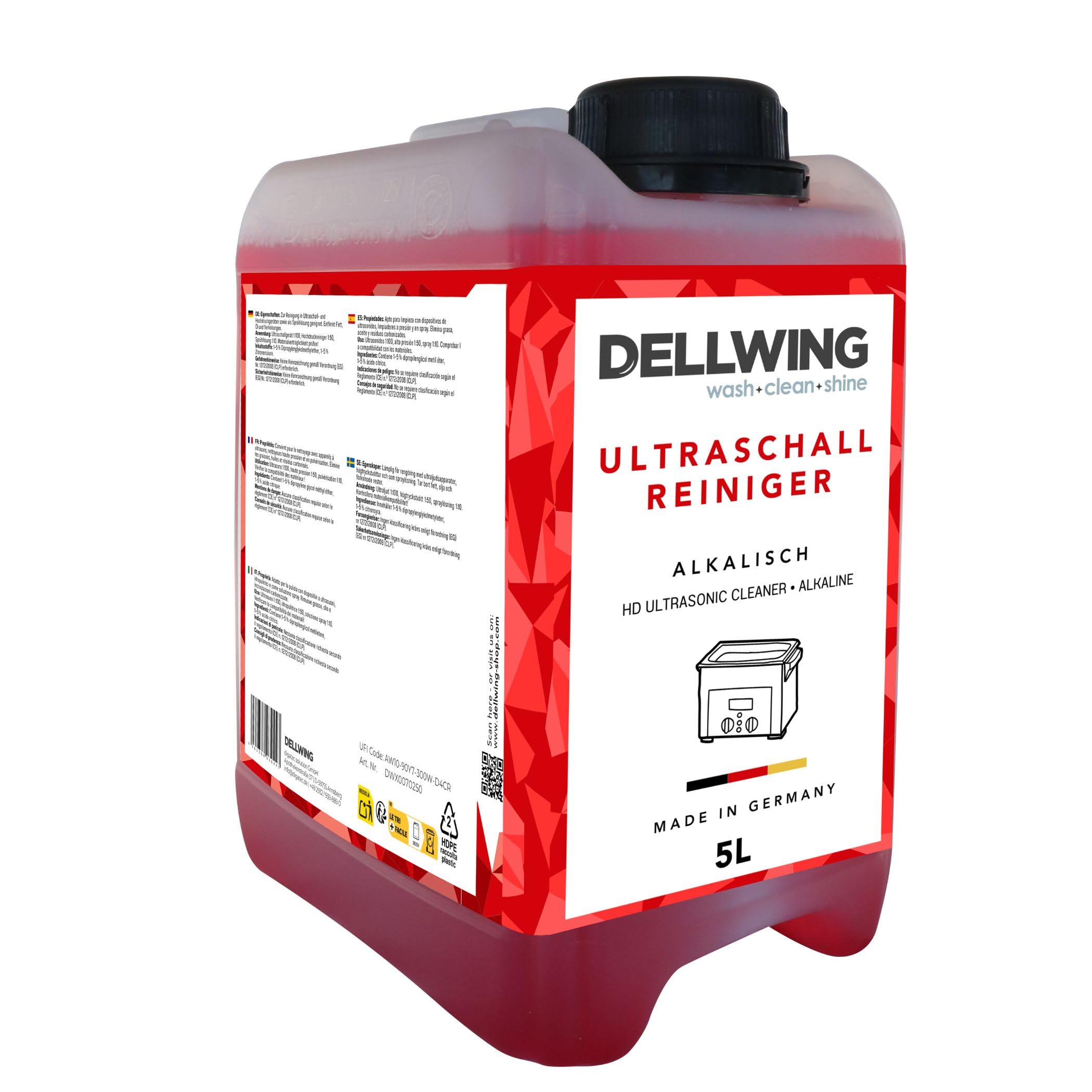 Dellwing Ultraschallreiniger 5 l, alkalisches Reinigungsmittel für Autoteile, Vergaser-Reiniger,Made in Germany | alkalisches Reinigungs Konzentrat für Autoteile, Vergaser, Zylinderköpfe, Injektoren und Einspritzdüsen, Made in Germany