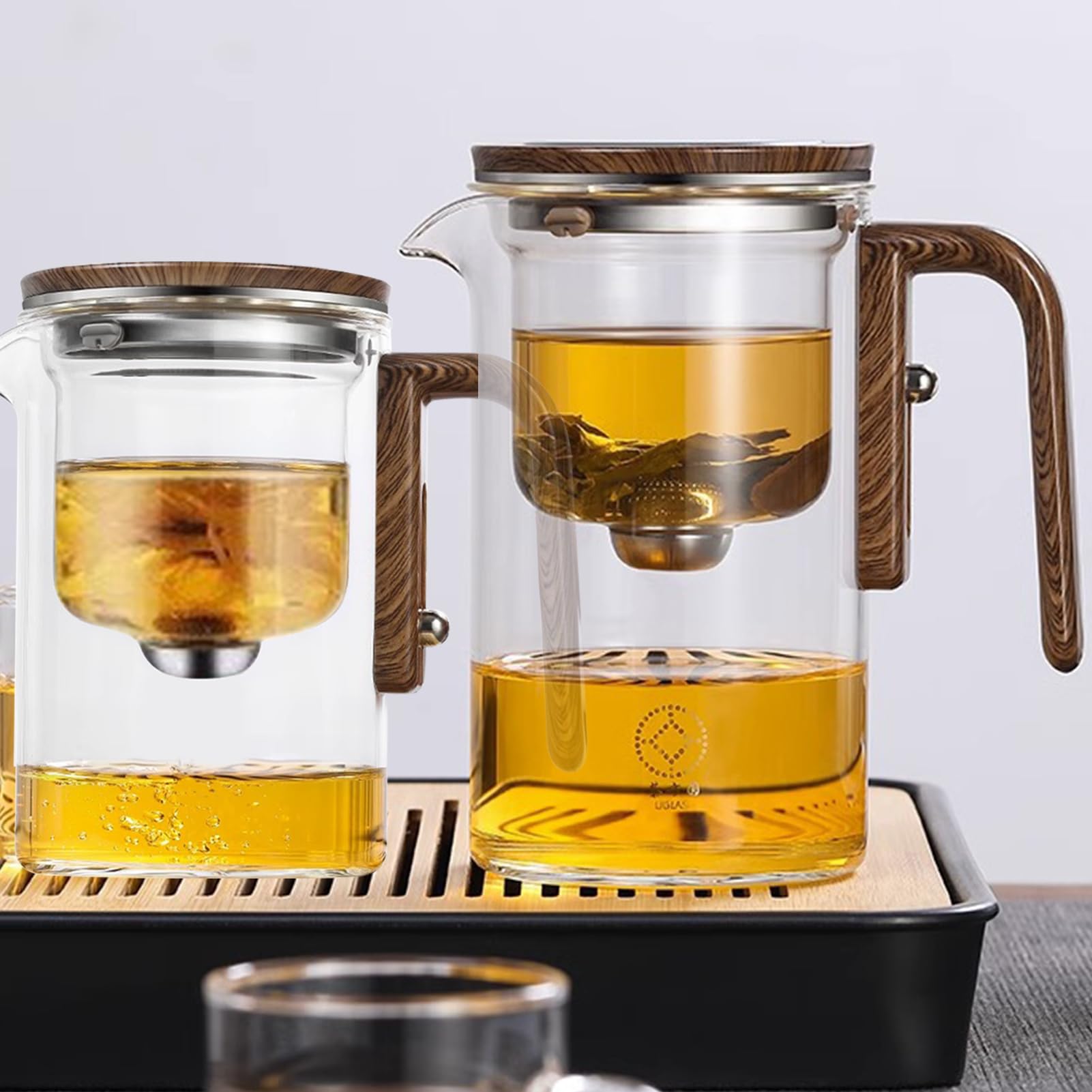 Enchanti Hexerei Teekanne mit Infusor - Glas mit Holzgriff, Wassertrennung, Presse Klar mit Sieb, Enchantipot Magic Tea Pot für Losen Tee, 500mL