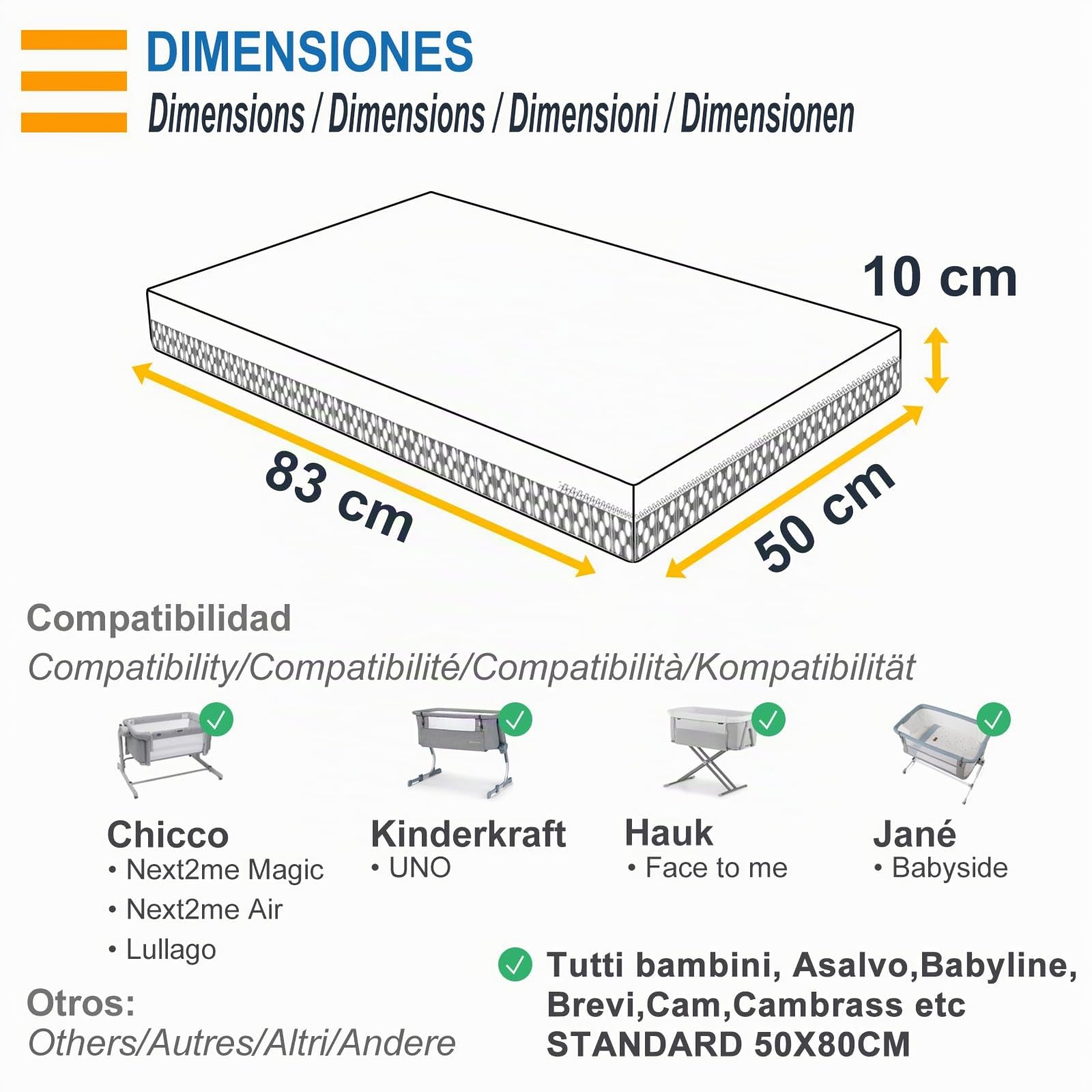 PEKITAS Materasso Co-Sleeping per Lettino, 50 x 83 cm, Spessore 10 cm, Traspirante, Ibrido, Reversibile, Rivestimento Doppio Lato, Sfoderabile e Lavabile, Antisoffoco per Culla del Bambino