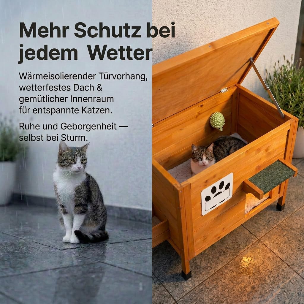 Katzenhaus Outdoor Wetterfeste aus Holz für draußen mit Namensschild, Pflanzkasten, selbstheizendem Kissen & Katzenminze-Spielzeug – Winterfest Katzenhütte für Garten, Terrasse oder Balkon