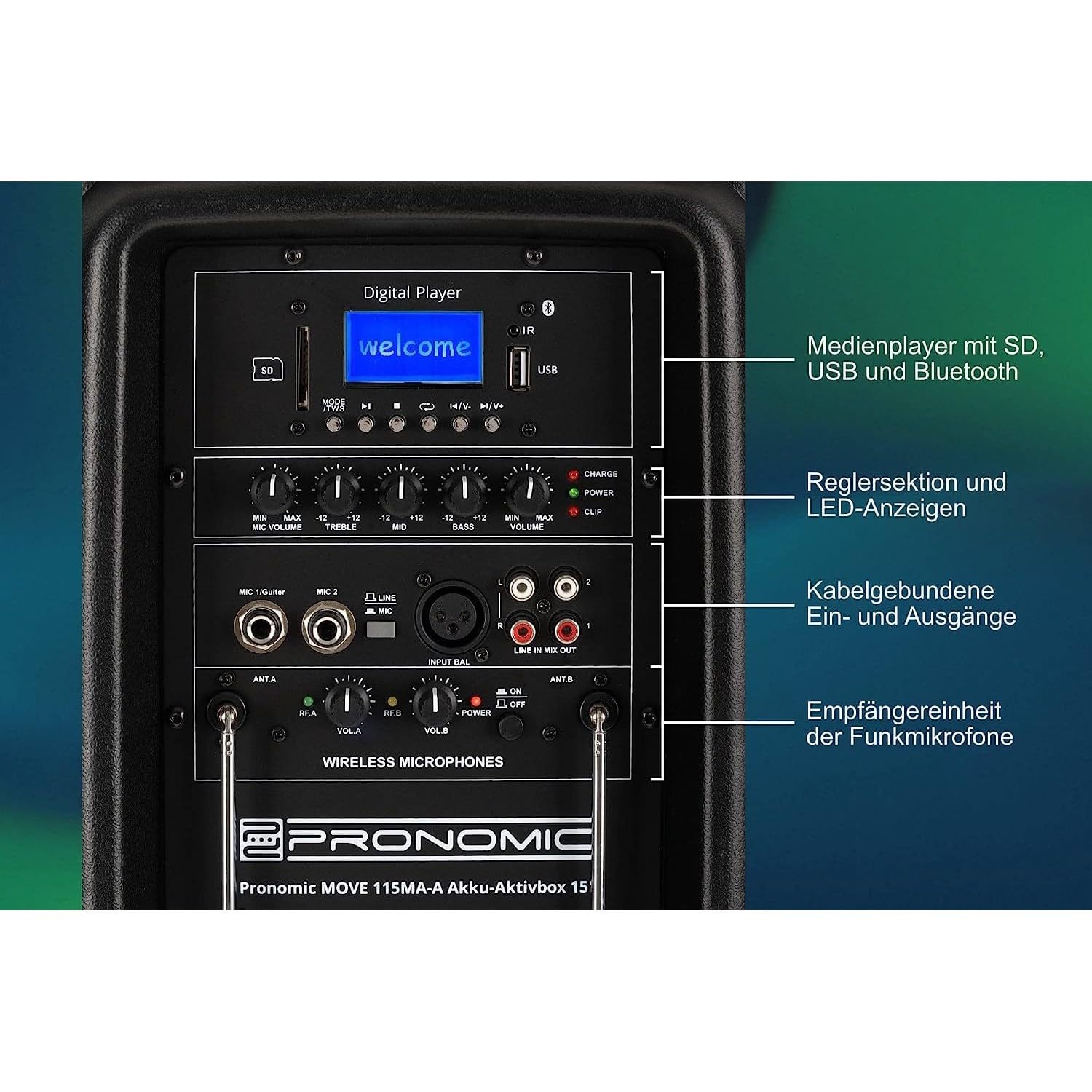 Enceinte Active Sono Pro - Pronomic Move 115MA-A -15'', 2 Micros sans Fil Main et Serre tête - USB, SD, Bluetooth, Support Pied