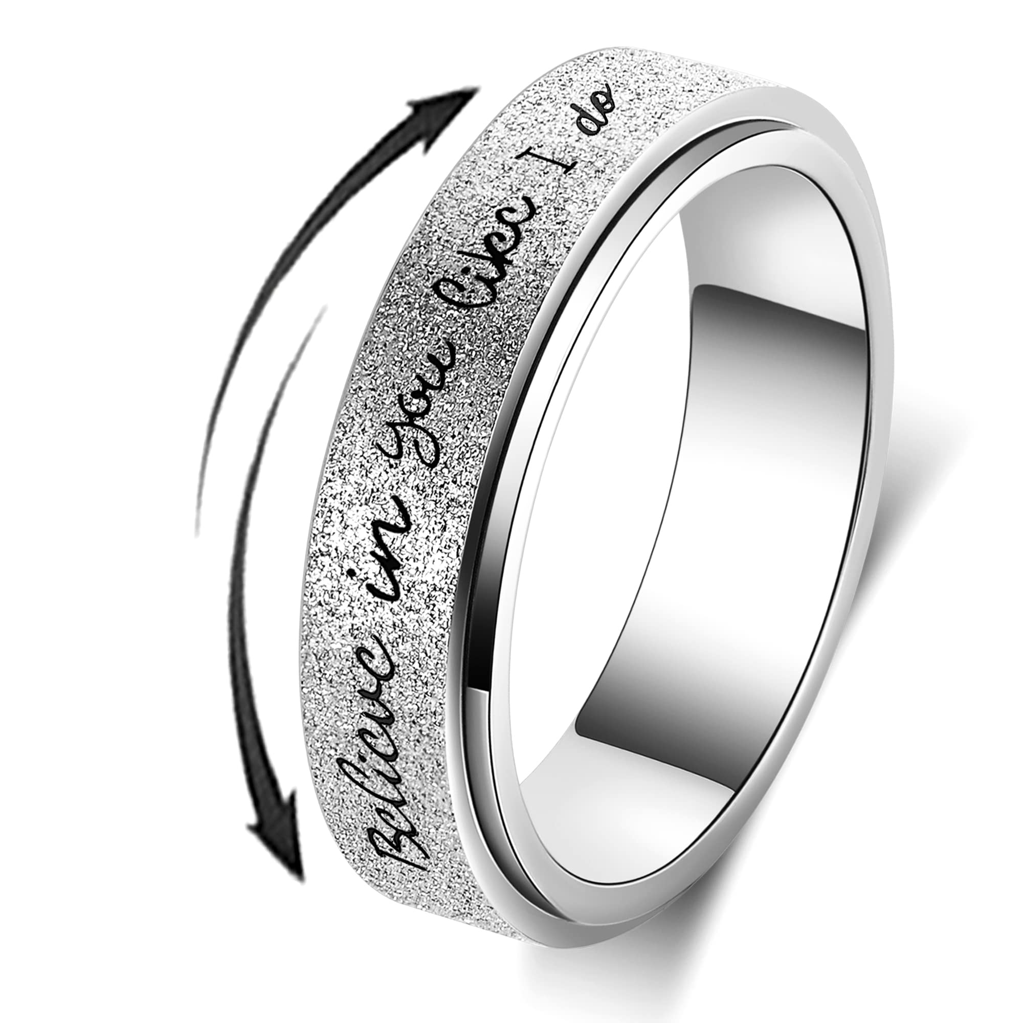 LuckyAmorFidget Ring Women for Anxiety Rings:Personalized Inspirational Mantra Stainless Steel Silver Black Rainbow Rose Gold Spinning Ring for Men Women Friend Encouragement Gift size 6 7 8 9 10