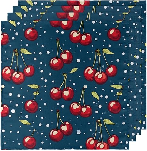 Miniatura 5 de Juego de 4 servilletas de tela de 20 x 20 pulgadas, diseño de lunares de cerezo, pintadas con frutas, lavables, reutilizables, para cocina,