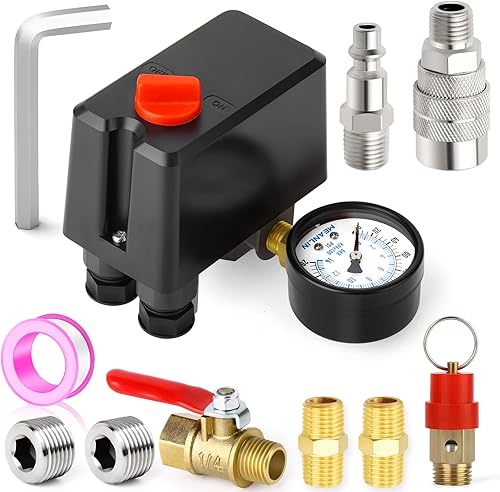 Miniatura 15 de MEANLIN MEASURE Válvula de control del interruptor de presión del compresor de aire 120-150 PSI 110V-240V Piezas de repuesto de 1 vía Con manómetro