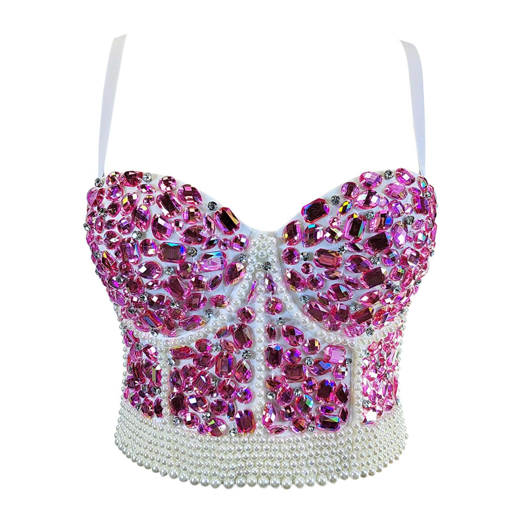 VEENDEO Womens Rhinestone Diamond Bead Bustier Crop Top Club Party Glitter Corset Top Bra Vest