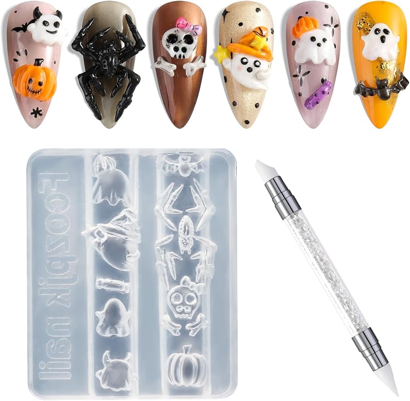 Fcozpjk Silicone Nail Art Molds Halloween 3D Bat Spider Nail Charms Mold | Ghost Pumpkin Skeleton Mold with Carving Pen Clear Modeling Templates Manicure Mold for Resin Epoxy Professional Supplies