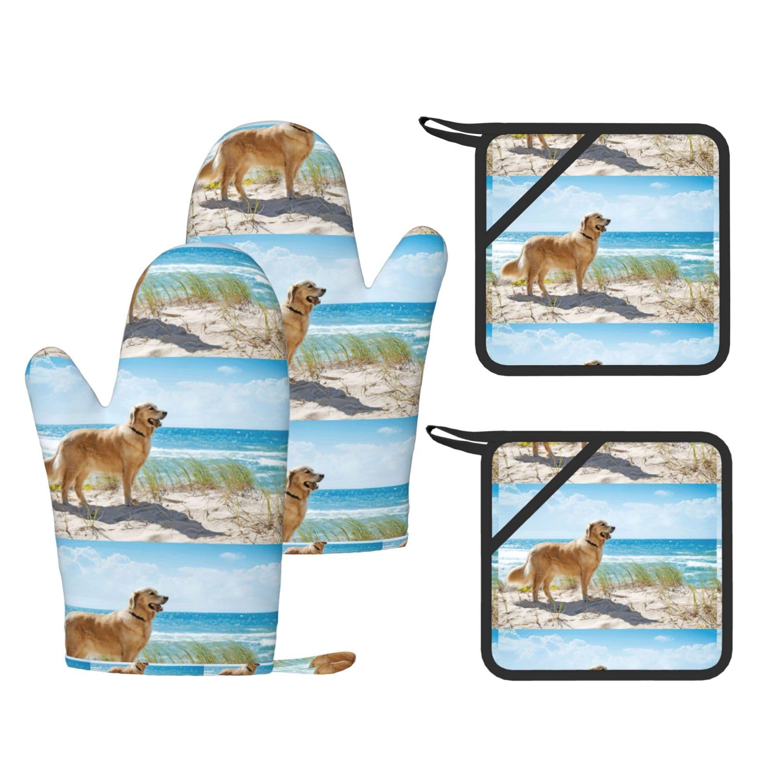 Golden Retriever Printed Potholder and Oven Mitt Set of 4, High Heat Resistant Cooking Gloves for BBQ Grilling