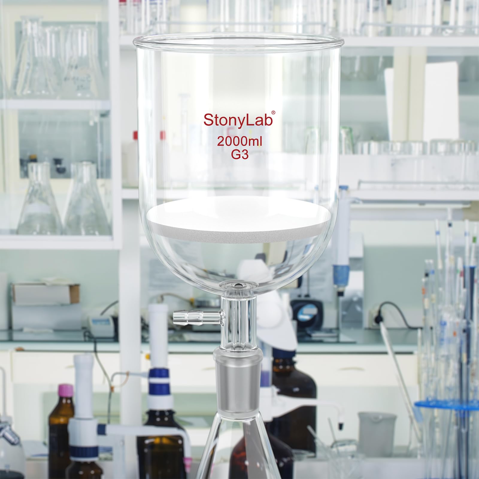 StonyLab Embudo de filtración Buchner con frita fina, diámetro del disco de 155 mm, profundidad de 145 mm, con junta interna cónica estándar 24/40 y tubulación dentada al vacío (2000 ml)