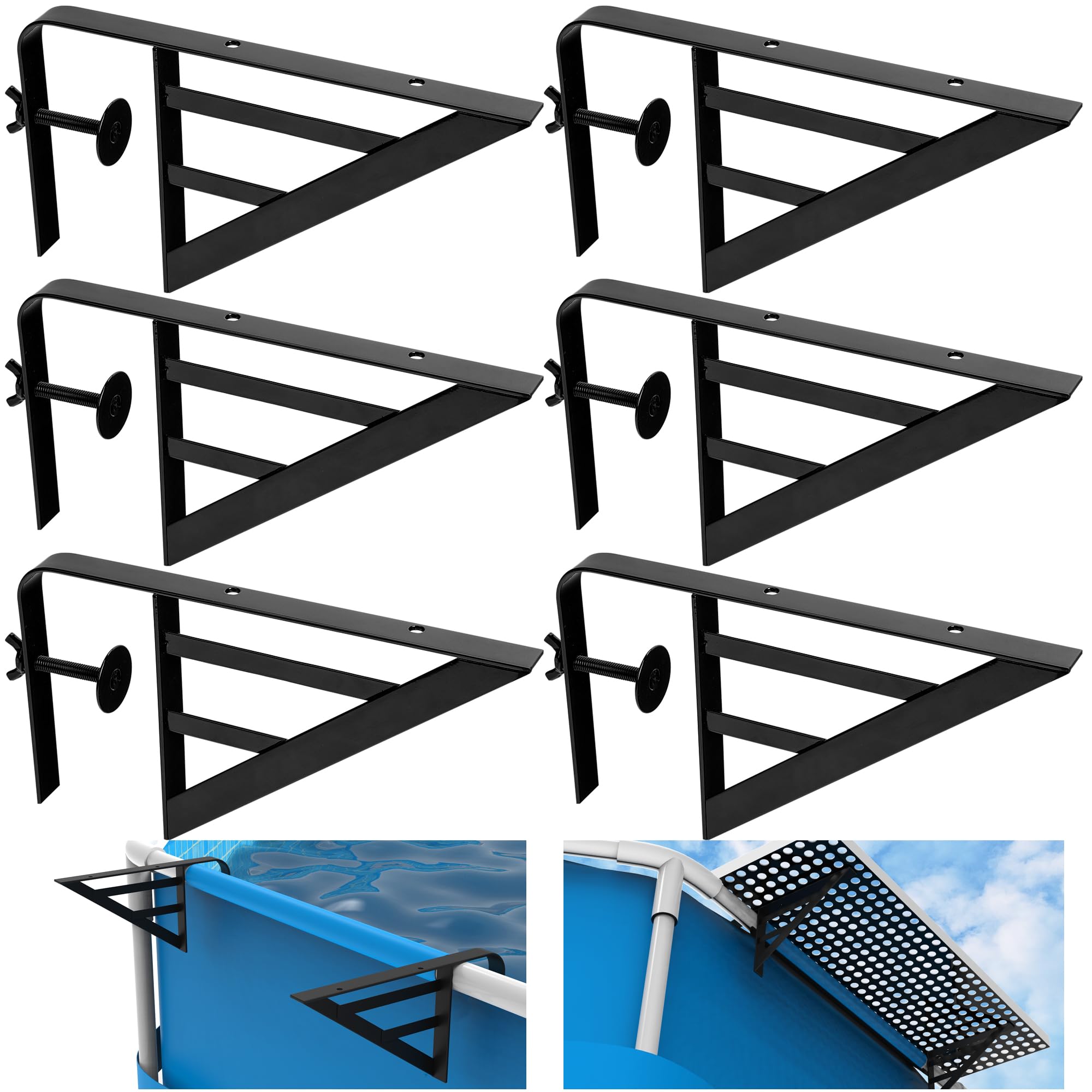 Watayo6 Pcs Swimming Pool Shelf Brackets Suits- Pool Accessories Shelf Brackets- Adjustable Triangle Shelf Brackets for Above Ground Pools, Round & Oval Shaped 0-2.5Inch Frame Pools (Black)