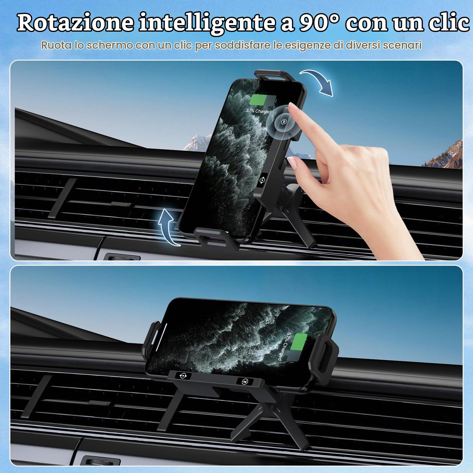 Supporto per cellulare auto per Galaxy Z Fold 7 6 5 4 3 2 con funzione di ricarica 15 W Dual Coils QC 3.0 Fast Wireless Charger Auto per Z Fold può ruotare automaticamente il supporto auto
