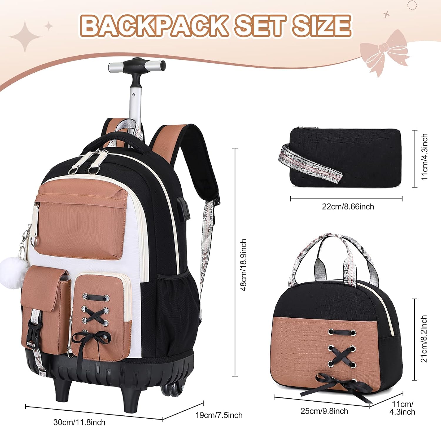 ACESAK 3PCS Teen Girls Rolling Backpack with Lunch Bag Set,Brown image 2