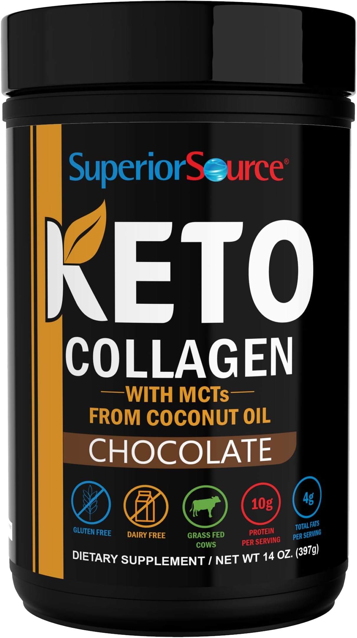 Superior Source Keto Collagen Protein Powder with MCT Oil, Chocolate, 14 oz | Hydrolyzed Collagen Peptides Supporting Hair, Skin, Nails, Joint and Muscle Health, Dairy-Free Pre-Workout Fuel