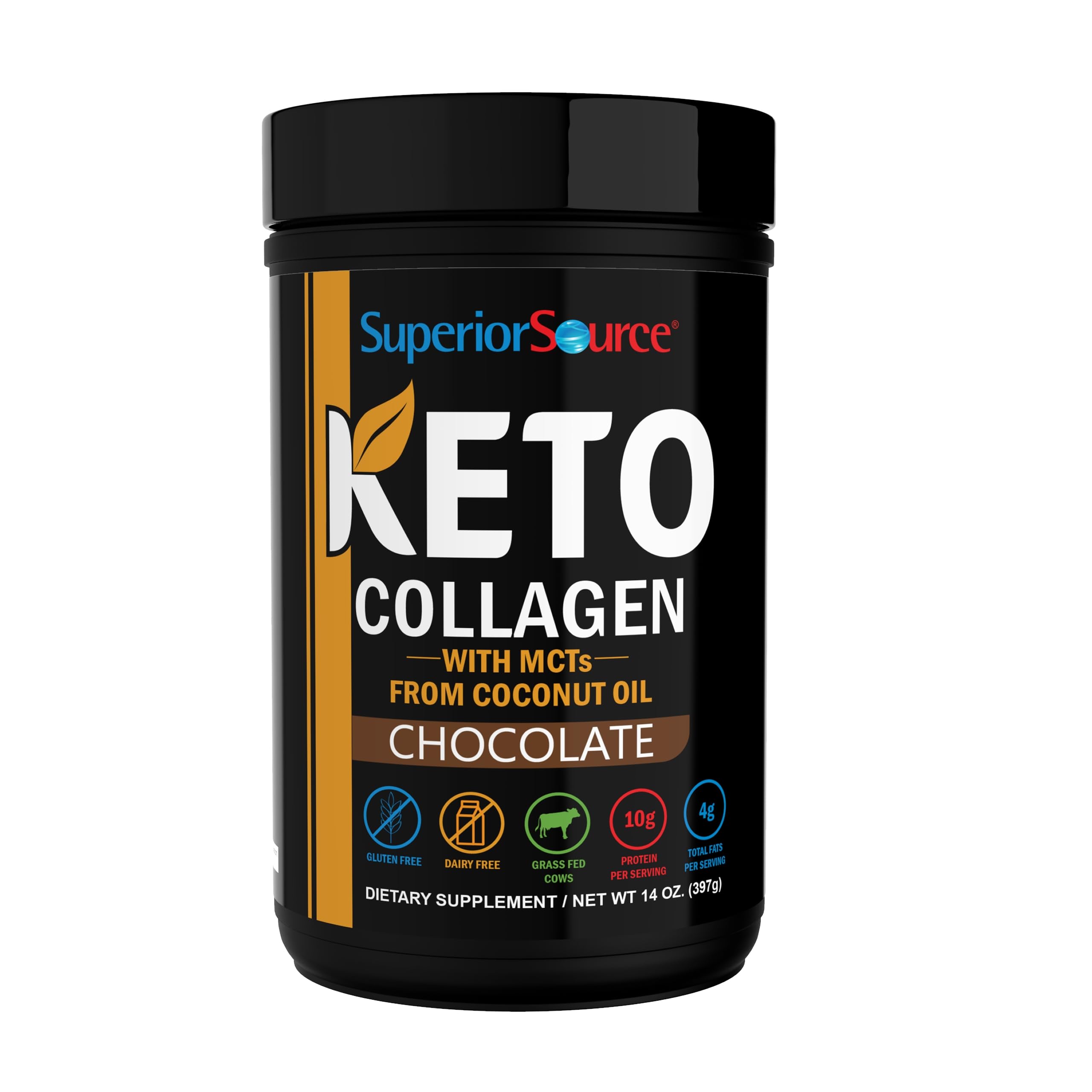 Superior Source Keto Collagen Protein Powder with MCT Oil, Chocolate, 14 oz