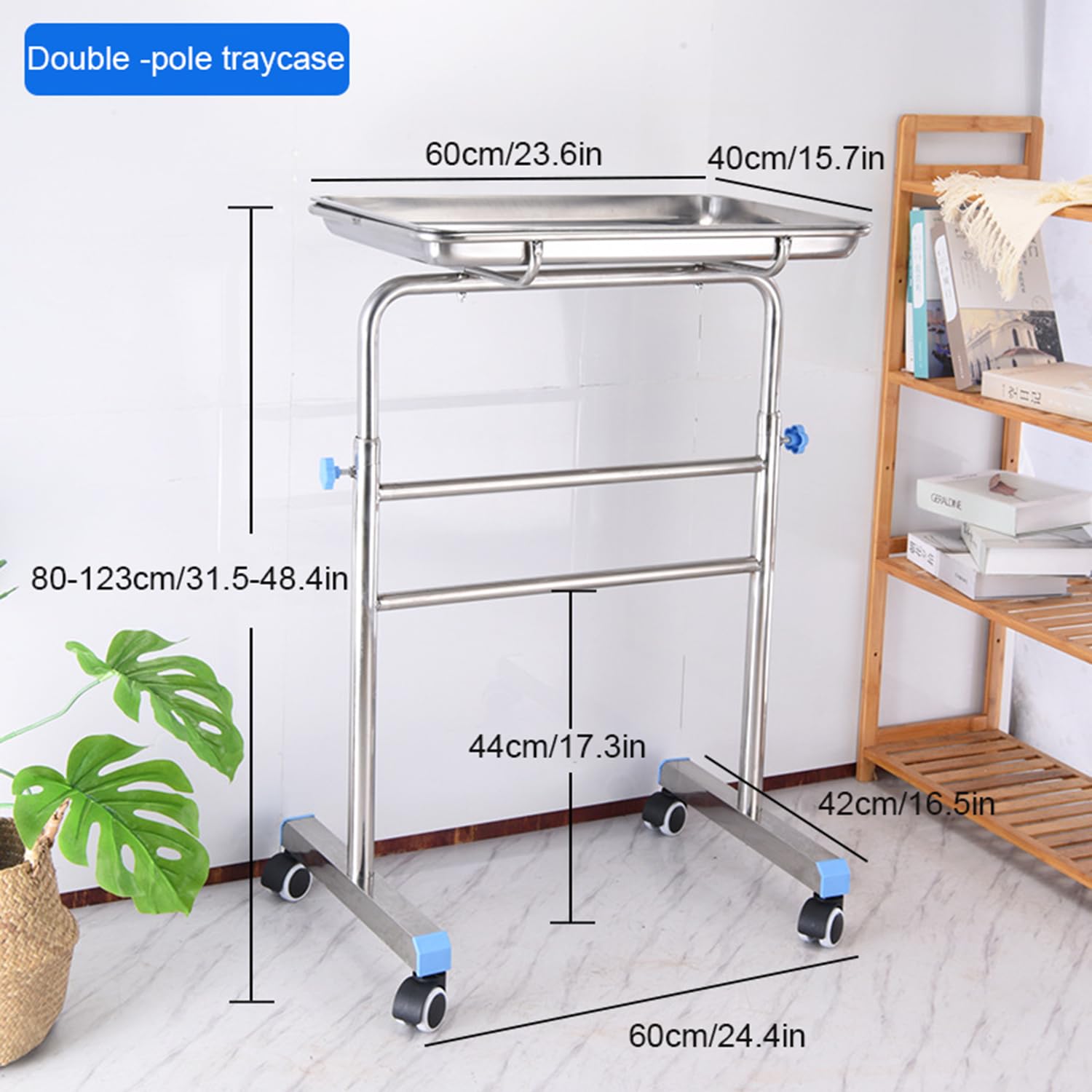Carrito de Laboratorio con Soporte Bandeja Ajustable Altura del 135-84 cm Carro de Servicio de Acero Inoxidable Movimiento Silencioso para Salón Tatuajes Belleza