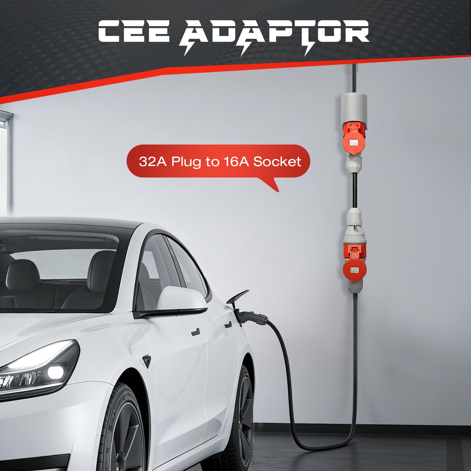 Adaptador CEE 32A a 16A, 5 Polos, IP44 Impermeable con Tapa de Protección de Cierre Automático para Industria, Obras y Coche Eléctrico