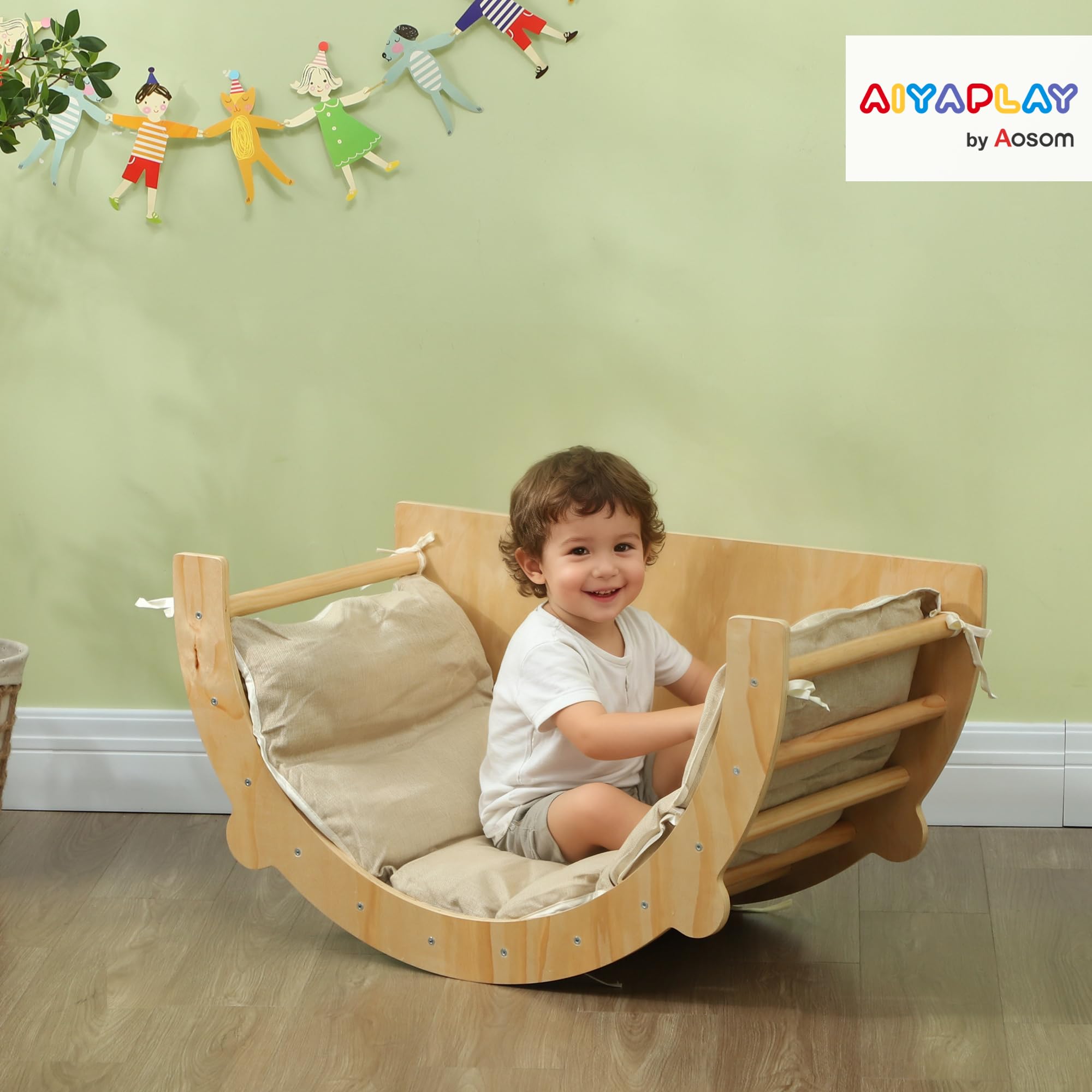 AIYAPLAY 3 en 1 Arche Escalade Enfants, Chaise à Bascule et Table de Jeu avec Coussin - Parcours motricité bébé en en Bois Massif pour garçons & Filles de 18 à 48 Mois, Bois Naturel