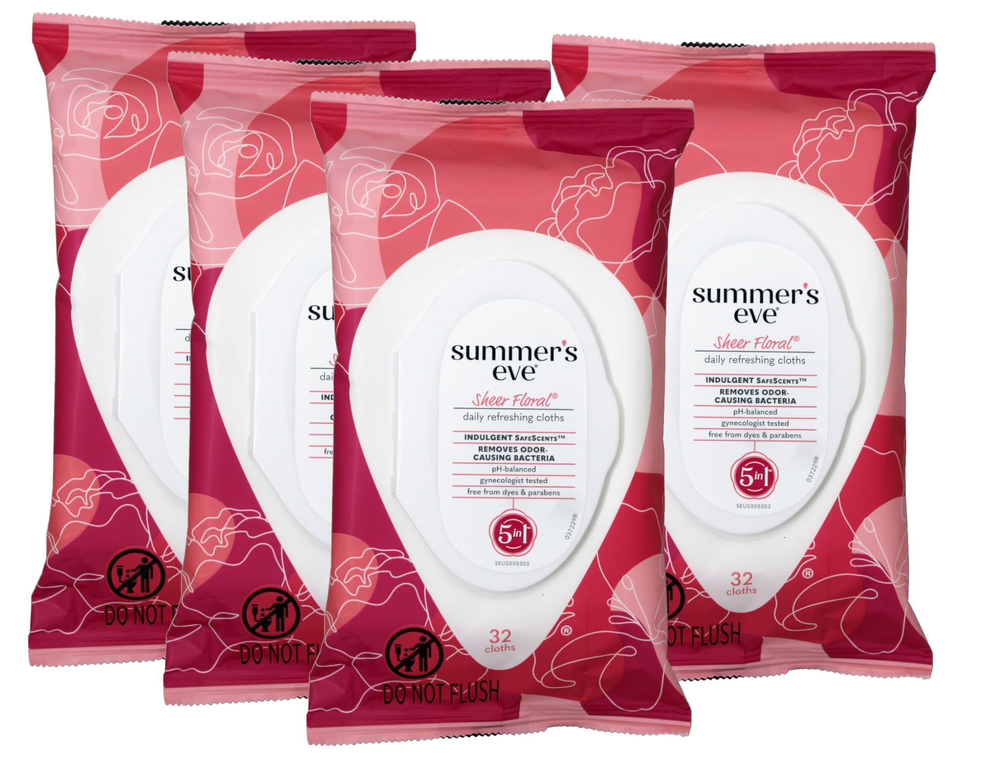 Summer's Eve Cleansing Cloths | Sheer Floral |32 Count | Pack of 4 | pH-Balanced, Dermatologist & Gynecologist Tested