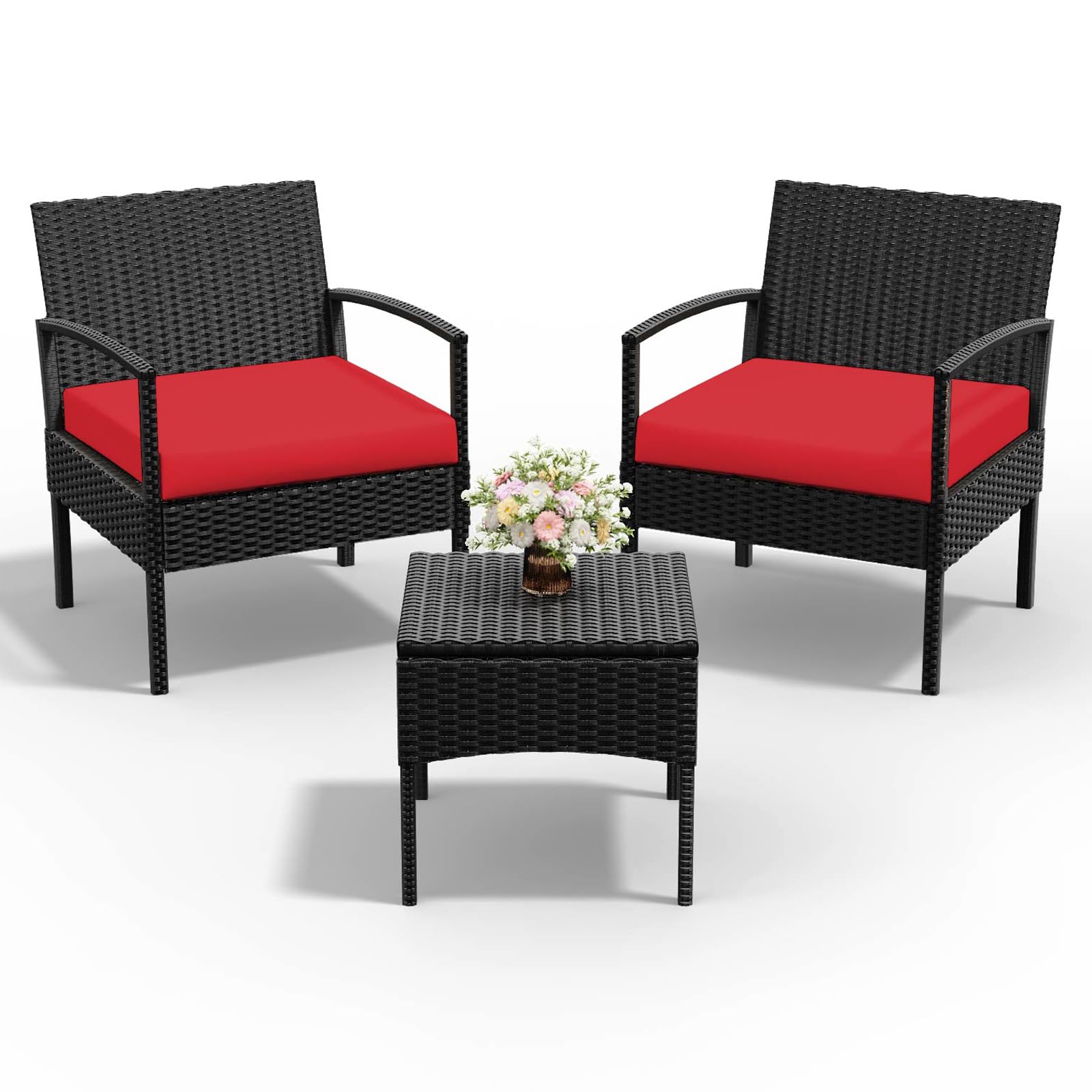 PROHIKER 3 PCS Patio Rattan Conversation Chair Set, Patio Wicker Rattan Furniture Set, Patio Wicker Rattan Table Patio Furniture Set Balcony Furniture Backyard Red
