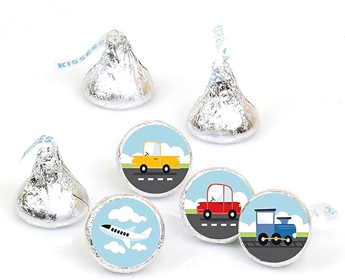 Big Dot of Happiness Coches, trenes y aviones – Transporte Fiesta de Cumpleaños Redondo Caramelos Adhesivos Favores – Etiquetas para Caramelos de