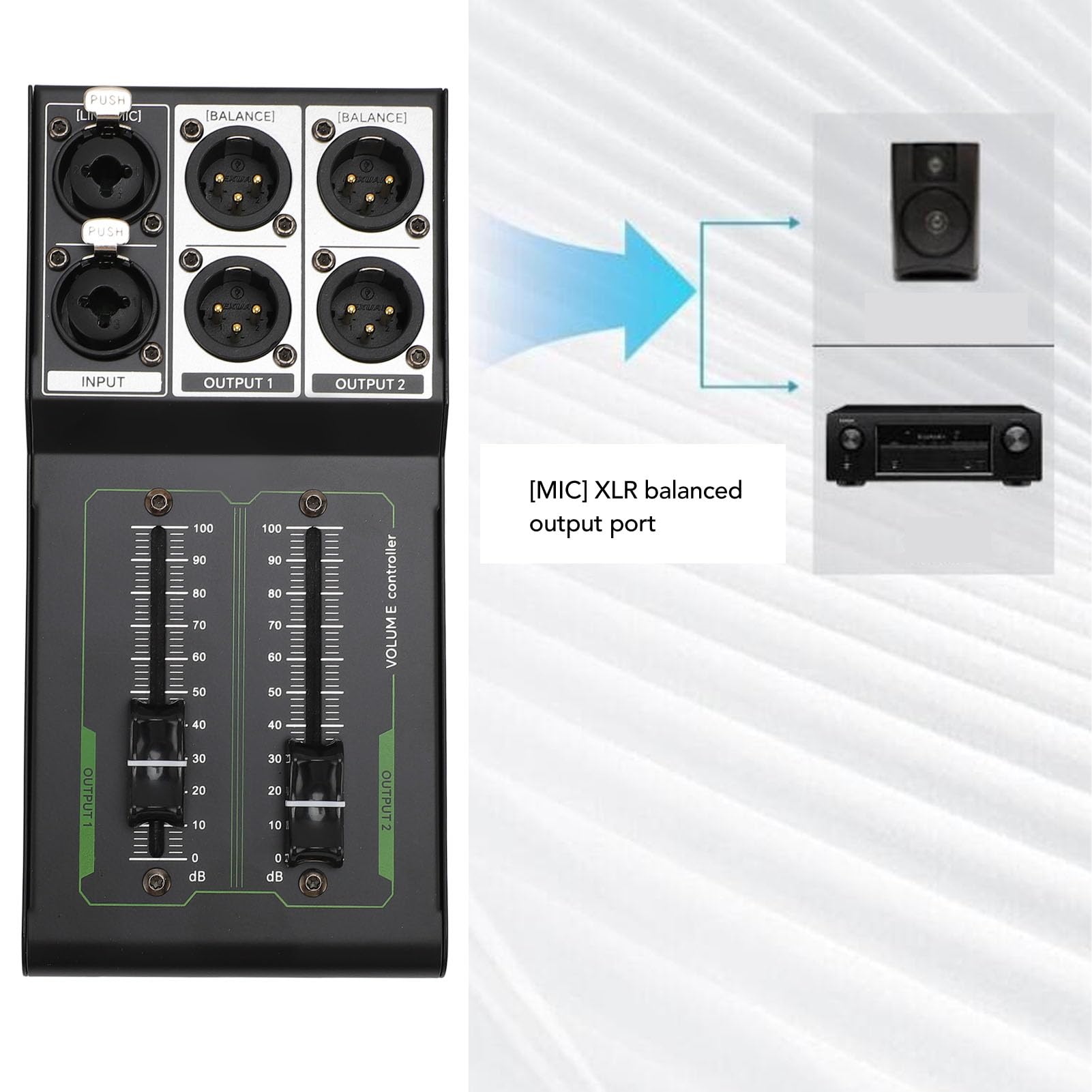 Passive Monitor Volume Controller, XLR 1 Input 2 Output Passive Stereo Studio Controller, High Precise 70Mm Fader, Controller for Studio & Home Audio System