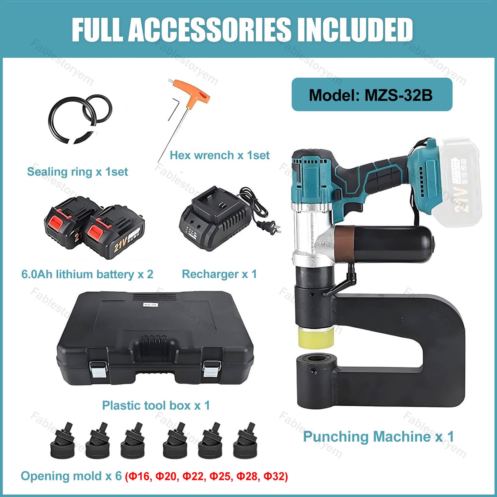 Punzonatrice Idraulica Portatile, Kit di Punzonatura a Batteria 21V con 6 Set di Punzoni e Matrici, 2 Batterie e Custodia Compatta per Trasporto - per Cantiere, Lavori Esterni e in Campo MZS 32B