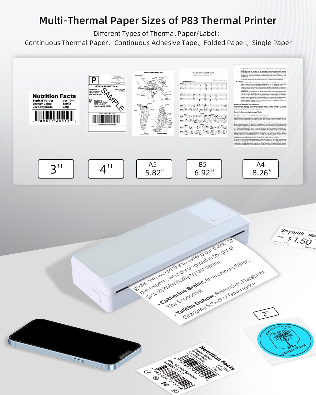 Portable Bluetooth Printer - Wireless Thermal Printer, Support Multi-Size Thermal Paper, Compatible with Android and iOS Phone & PC, 300DPI Inkless Printer for Travel, Office, School