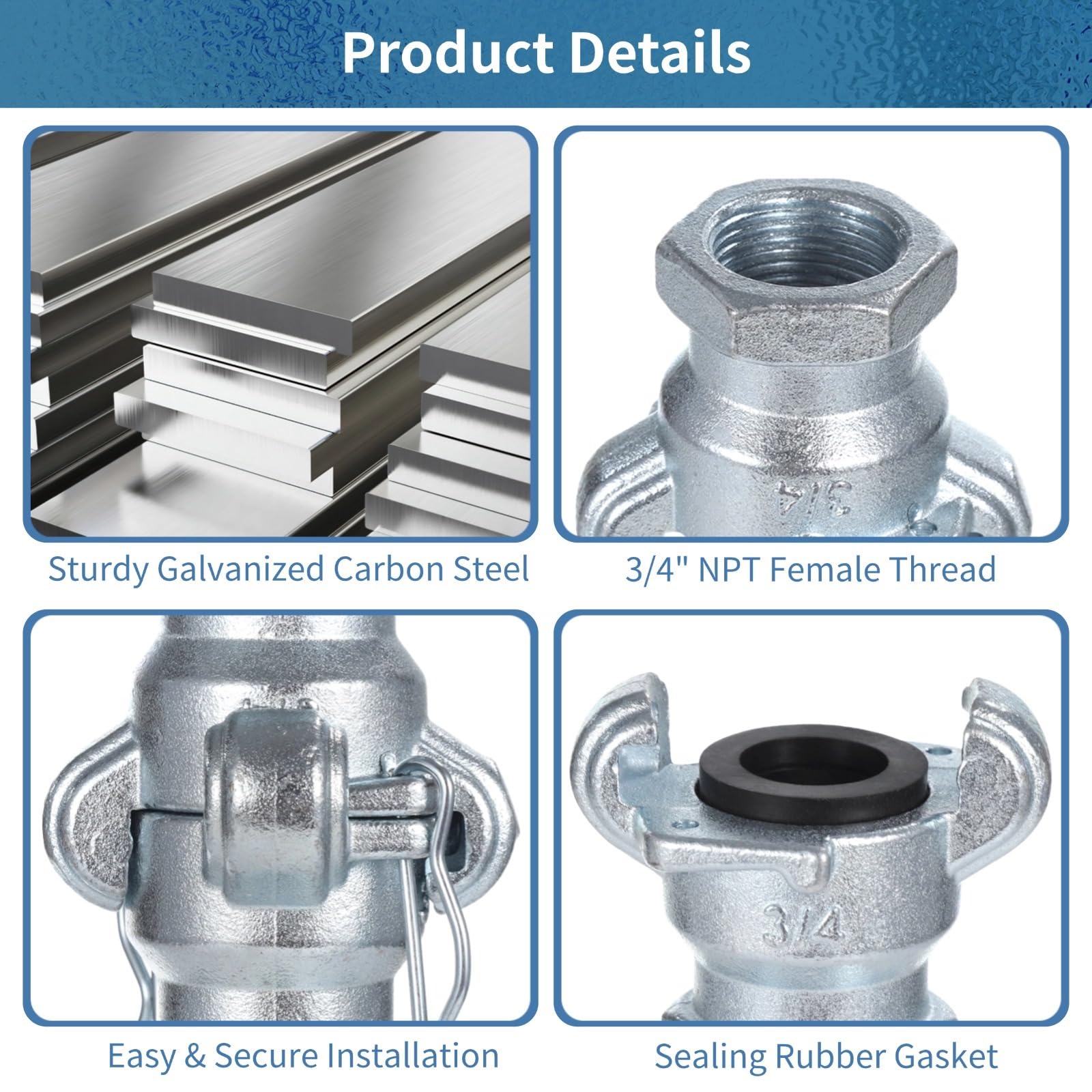 4er-Set NPT-Luftschlauchkupplungen aus Kohlenstoffstahl, 3/4 Zoll Innengewinde Chicago-Anschluss, universelle Schlauchverbinder mit Sicherungsklammern und Ersatzdichtungen bis 150 PSI