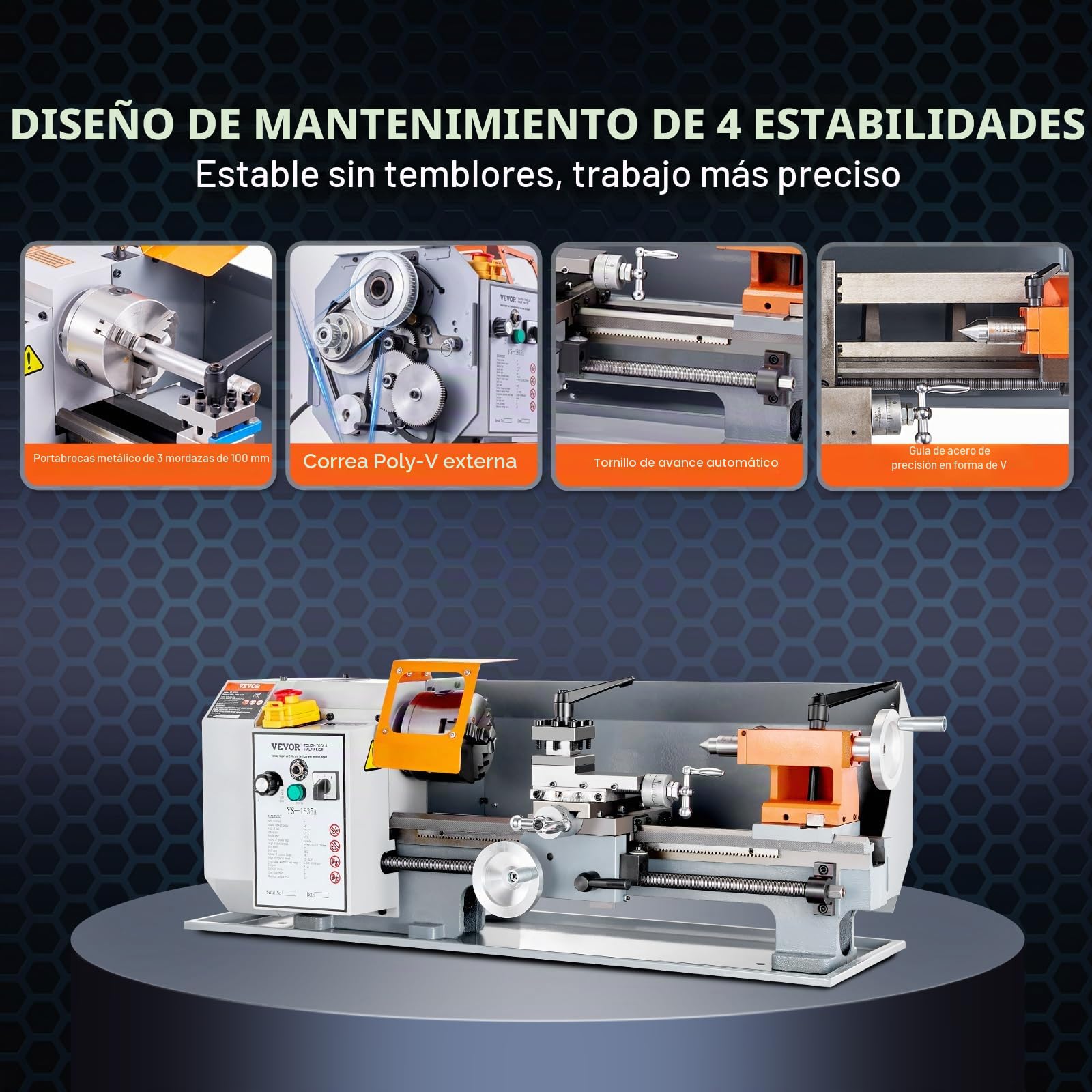 VEVOR Torno de Metal de Precisión 7" x 14" Mesa de Torno de Metal 500 W Velocidad Variable Continua 0-2200 rpm Motor de Cepillo de Metal Caja de Herramientas para Mecanizado de Piezas de Precisión
