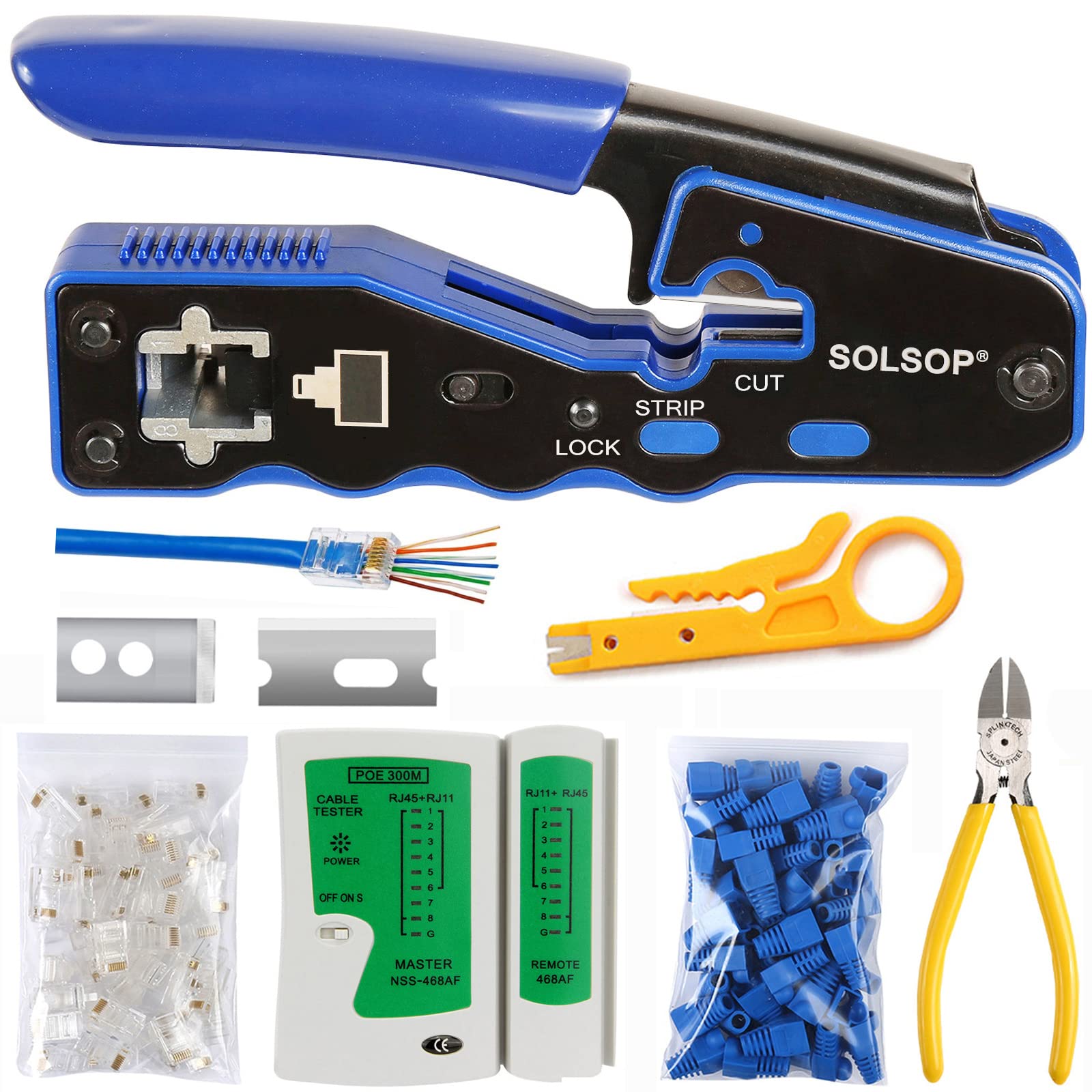 SolsopNetwork/Phone Cable Tester RJ45 Crimp Tool Pass Through Modular CAT6 Crimping Tool Kit, 50PCS CAT6 Pass Through Connectors, 50PCS RJ45 Boots, Mini Wire Stripper, Wire Cutter plier