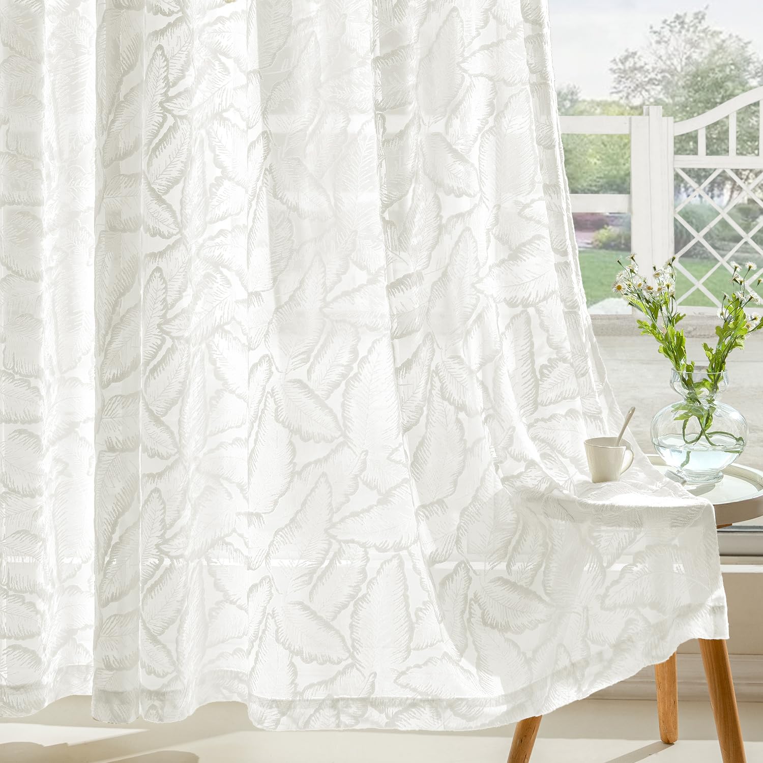 MIULEE Gardinen Voile Vorhang Vorhänge mit Blattmustern halbtransparent mit Ösen Curtains Schals für Wohnzimmer Schlafzimmer Kinderzimmer 2er Set 220×140cm (H×B) Weiß