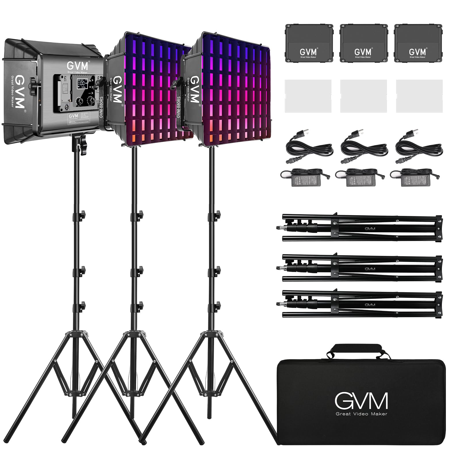 GVM RGB Photography Lighting Kits with 3 Softboxes, 880RS 60W Studio Lights with Bluetooth Control, 3 Packs Video Light with 18 Lighting Scenes, led Panel Lights for Video Recording, 8330lux/0.5M