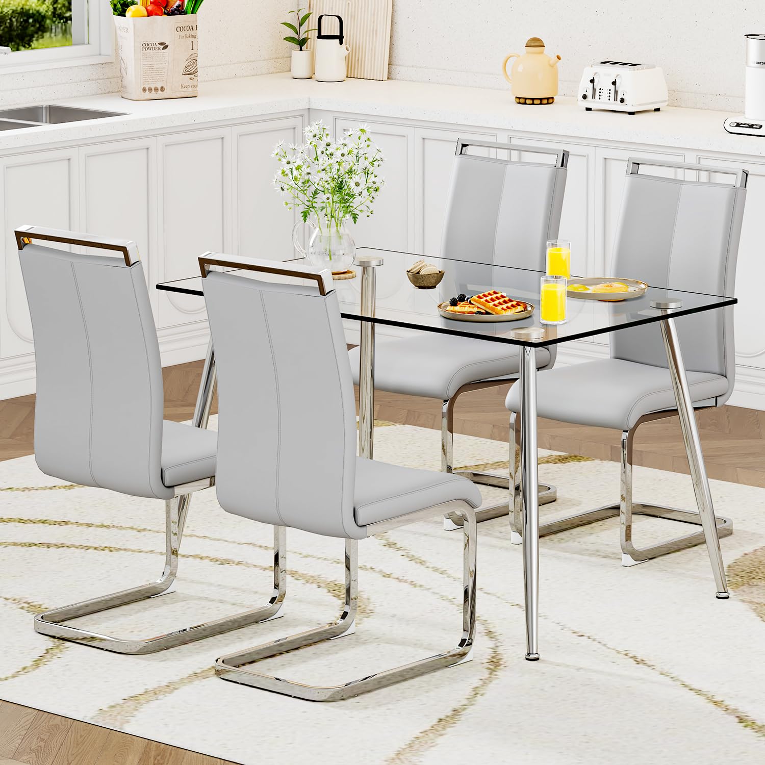 Ebullient Glass Dining Table Set for 4,5 Piece Dining Table and Chairs Set，Modern Kitchen Dining Room Table with 4 PU Leather Chairs,Dinner Table Set